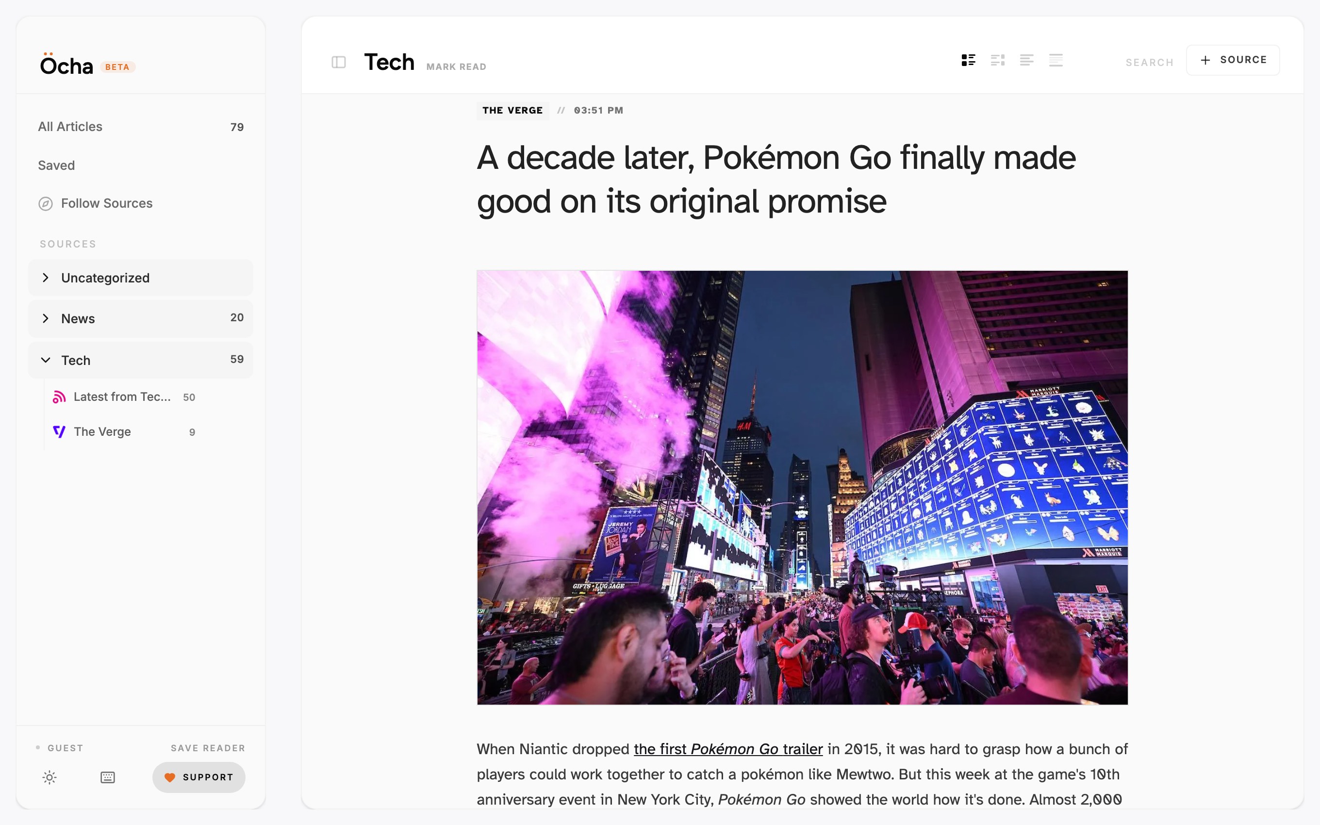 The Öcha reader: a folder sidebar with unread counts beside a full-text article open in one calm column.